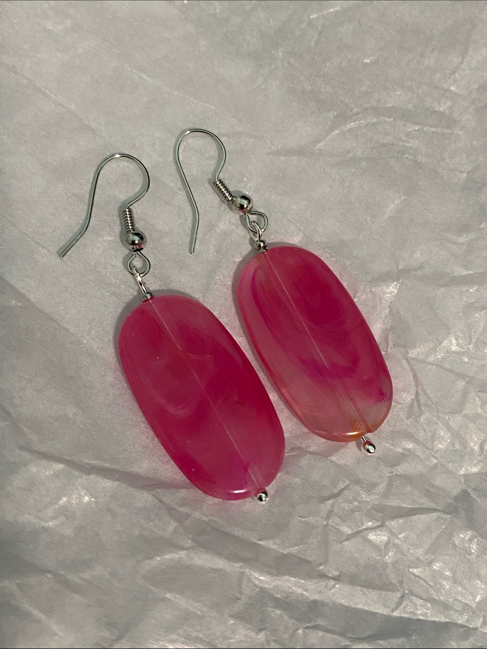 Fuchsia Oval Resin Drop Earrings with Silver Hooks